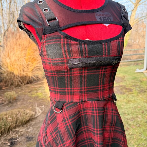 Killstar Red Plaid Mesh & Faux Leather Strap Skater Dress - Picture 3 of 13